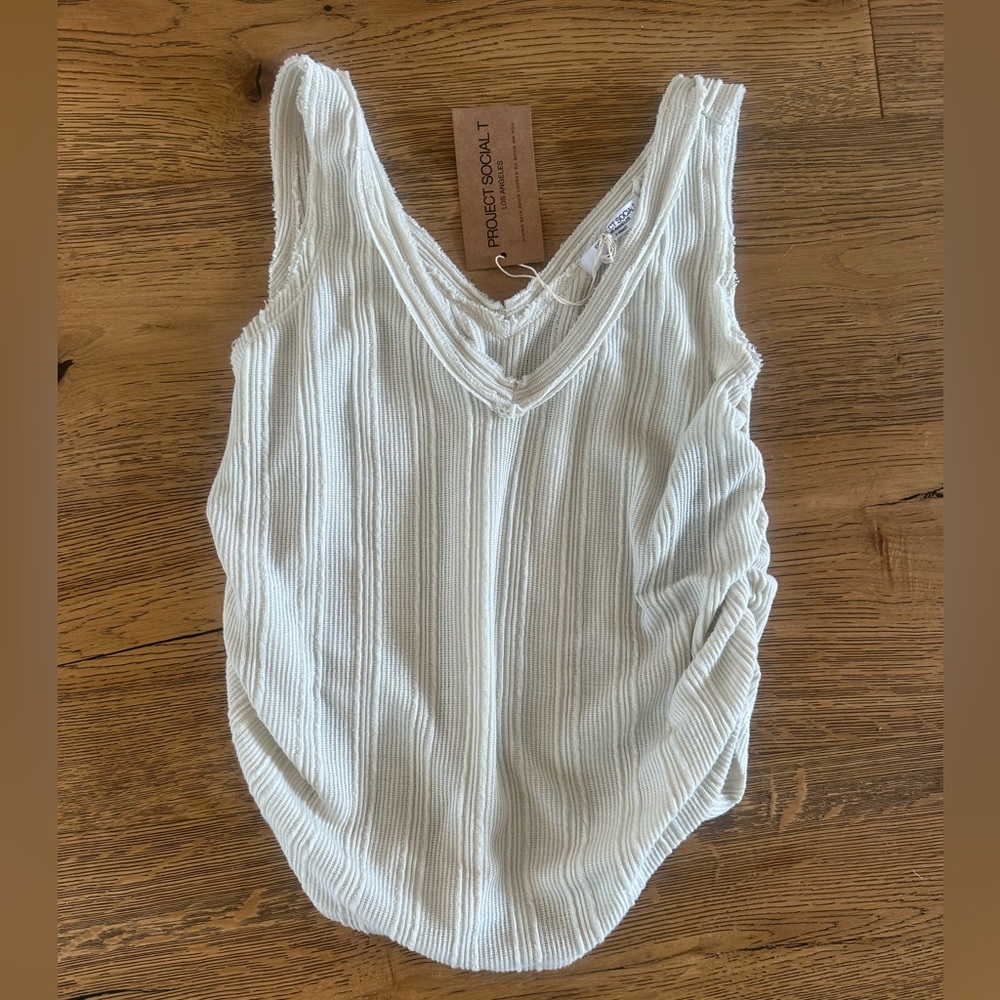 Project Social T Float Away Side Ruched V neck tank - Oat Milk-XS